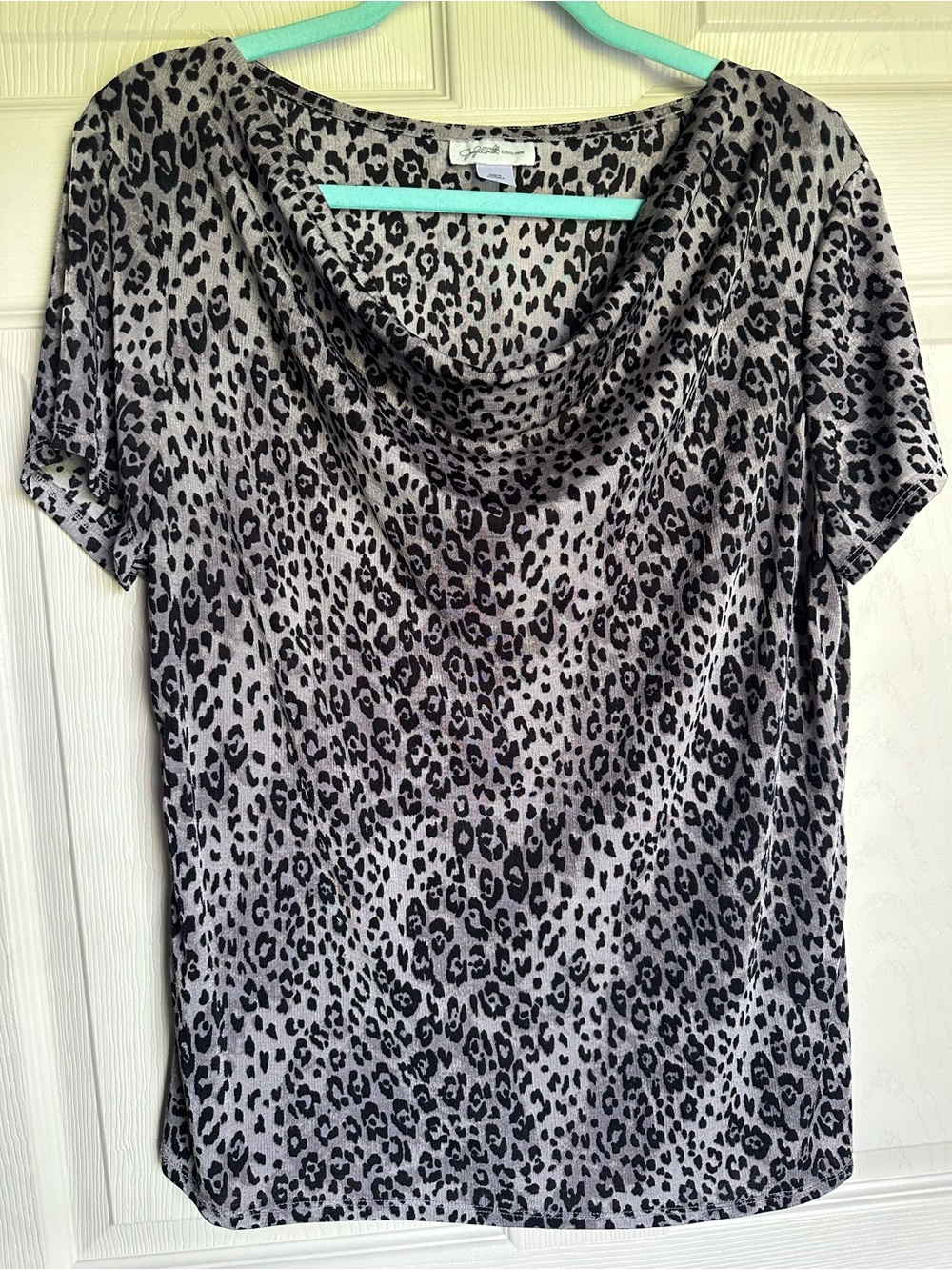 Jaclyn Smith Gray and Black Leopard Print Cowl Neck Top